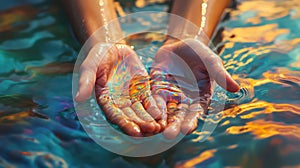 Hands Emerging From A Pool Of Iridescent Paints