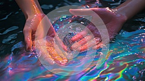 Hands Emerging From A Pool Of Iridescent Paints
