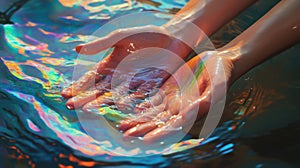 Hands Emerging From A Pool Of Iridescent Paints