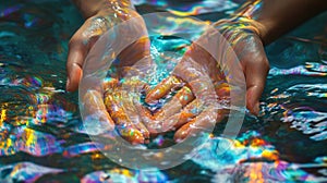 Hands Emerging From A Pool Of Iridescent Paints