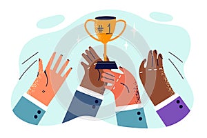 Hands employees people with golden cup for concept business rivalry and aspiration to become leader