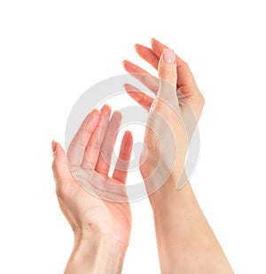 Hands. Empty two hands raised up, beg. Close up of beautiful female hands isolated on white background