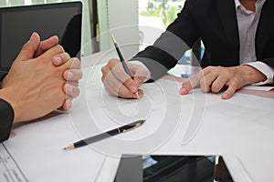 Hands of engineer working on blueprint at office, Business corporate people working concept