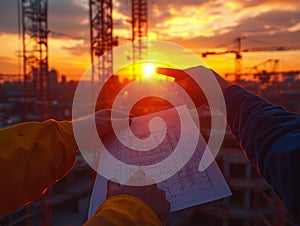 The hands of engineers and architects pointing at a document design on the construction site sun set