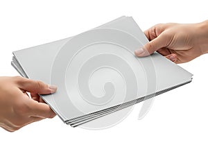 Hands exchange a stack of white paper sheets