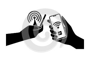Hands exchanging data via NFC technology on white background Keywords: nfc, technology, contactless