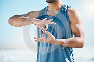 Hands, exercise and sign language with a sports man outdoor on a blurred background for a cardio workout. Fitness