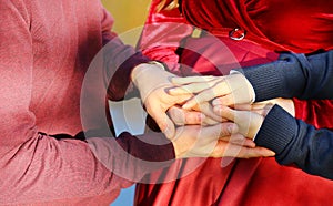 a hands of family, close up. Love. Mom, dad and son are united and friendly in anticipation of the baby.