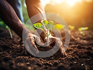 Hands of farmer or gardener putting plants into the soil. The concept of spring and the beginning of garden work