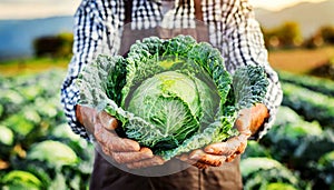 Hands of a Farmer Holding a Fresh Harvested Kale Cabbage - Generative Ai