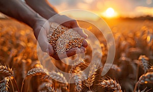 Hands of farmer over ripe wheat field with the sun at sunset