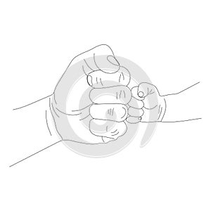 Hands of father and child in fist, concept of power of two generations, fist of father and son, illustration for father`s day.