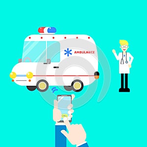 The hands and the finger holding mobile phone calling ambulance health care with doctor,stethoscope in cyan background