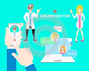 hands and finger holding mobile phone calling doctor, online health care chat with male and female doctor, telehealth concept