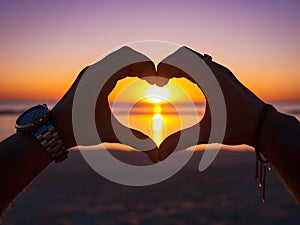 Hands and fingers in heart shape framing setting sun
