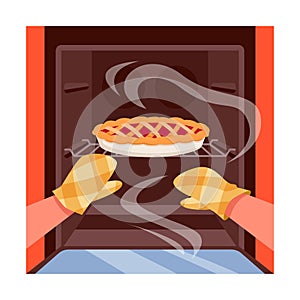 Hands in fireproof gloves open oven door, sweet pie with smoke inside kitchen equipment