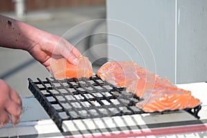 Hands of a fisherman placing freshly caught salmon fillets on a grid for smoking, copy space, selected focus