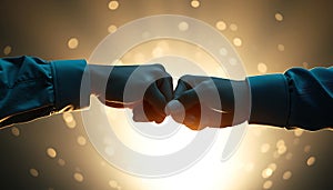 Hands fist bumping, teamwork and collaboration gesture of support Generative AI