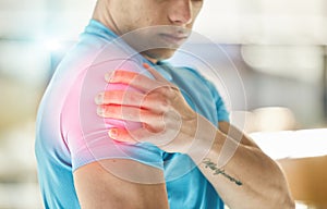 Hands, fitness injury and shoulder pain in gym after accident, workout or training exercise. Sports, health and athlete