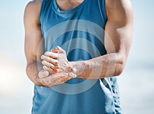 Hands, fitness and sign language with a sports man outdoor on a blurred background for a cardio workout. Exercise