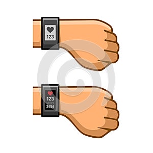 Hands with Fitness Tracker Set. Pulse Monitor. Vector