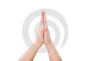 Hands folded in namaste prayer isolated on white. Female hands pray show hope and religion. Indian or yoga gesture