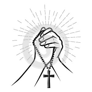 Hands folded in prayer with crucifix on beads, pray for god, faith and hope concept