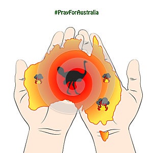 Hands folded in prayer, hold a map of Australia in wildfires and with a silhouette of straus.