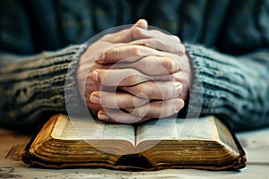 hands are folded in prayer on a Holy Bible .Holy Bible study reading together in Sunday . Generative AI