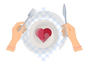 Hands with fork and knife, plate with red jelly heart.