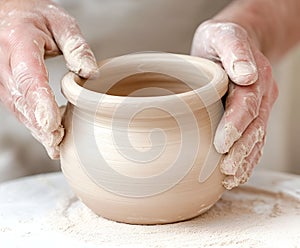 Hands form a clay pot on a potter's wheel, covered with white clay, photo