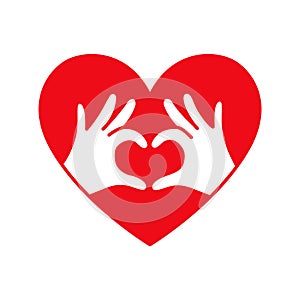 Hands in the form of heart thin line red icon on white background.