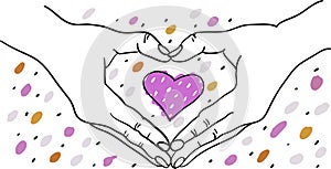Hands forming heart shape around a colorful romantic heart - hand drawn  illustration - Suitable for Valentine, Wedding,