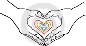 Hands forming heart shape around a colorful romantic heart - hand drawn vector illustration - Suitable for Valentine, Wedding,