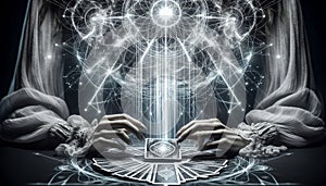 The hands of a fortune teller hold Tarot cards with streams of lines of energies for opening portals