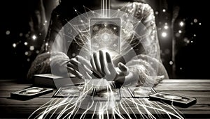 The hands of a fortune teller hold Tarot cards with streams of lines of energies for opening portals