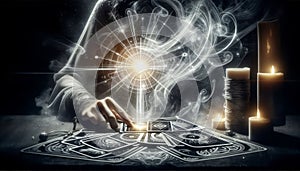 The hands of a fortune teller hold Tarot cards with streams of lines of energies for opening portals photo