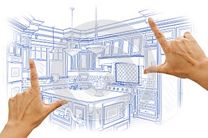 Hands Framing Blue Custom Kitchen Design Drawing