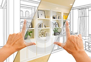 Hands Framing Custom Built-in Shelves and Cabinets Design Drawing with Section of Finished Photo.