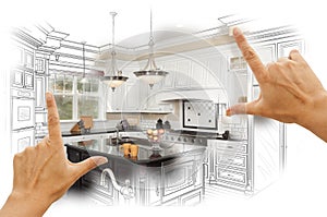 Ruky rámovanie vlastný kuchyňa dizajn kreslenie a kombinácia 