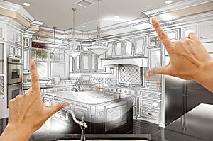 Hands Framing Custom Kitchen Design Drawing and Photo Combination