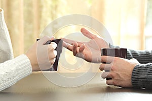 Hands of friends with coffee cups photo