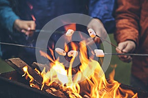 Hands of friends roasting marshmallows over the fire in a grill photo