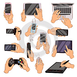 Hands with gadgets vector hand holding phone or camera illustration set of character working on digital devices laptop