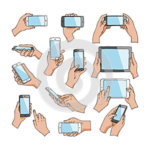 Hands with gadgets vector hand holding phone or tablet and character working on smartphone illustration set of digital