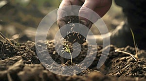 Hands of a gardener planting a young plant in the ground