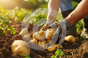 Hands in gardening gloves harvesting fresh potatoes from the soil on a sunny farm field, ideal for agricultural themes