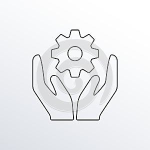 Hands with gear or cogs line icon. Installation, technology and support outline sign. Vector illustration.