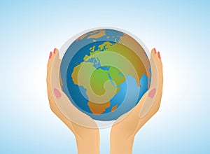 Hands gente holding Planet Earth globe. Vector illustration.