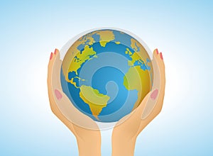 Hands gente holding Planet Earth globe. Vector illustration.